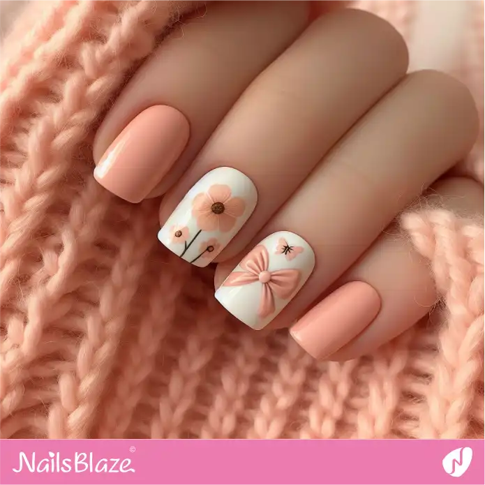 Simple Floral and Bow Design Peach Fuzz Nails | Color of the Year 2024 - NB1945